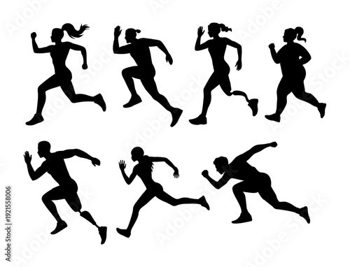Set of seven black running silhouettes featuring diverse men and women, including an athlete with a prosthetic leg, isolated on transparent background in dynamic motion poses.