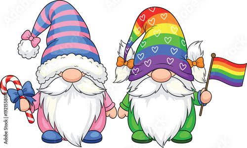 Colorful Pride Gnome Characters Vector Illustration with Rainbow Hat Hearts Candy Cane and Flag, Cute Fantasy Cartoon for LGBTQ Celebration Design