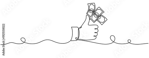 Continuous line drawing of thumbs up hand holding money bills. No editable stroke