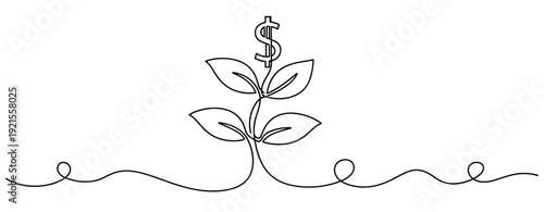 Dollar symbol growing on plant: financial growth concept in continuous line art. No editable stroke