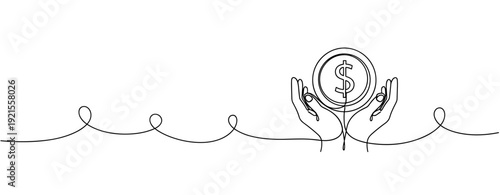 Continuous line drawing of hands holding a dollar coin symbolizing finance and investment. No editable stroke