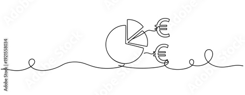 Minimalist pie chart with euro symbols drawn in continuous line art style. No editable stroke