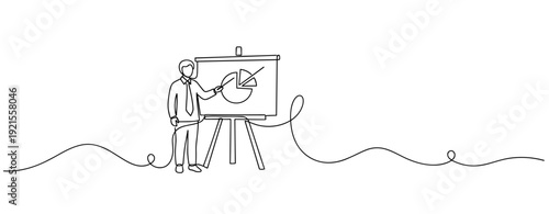 Outline drawing of presenter explaining pie chart with projector screen. No editable stroke