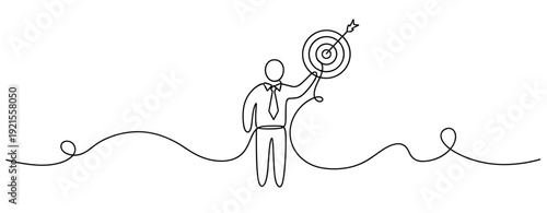 Continuous line drawing of person hitting bullseye in minimalist style. No editable stroke