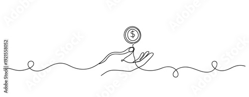 Minimalist continuous line drawing of a hand holding a dollar coin. No editable stroke