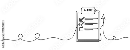 Continuous line illustration of audit process with checklist and graph. No editable stroke