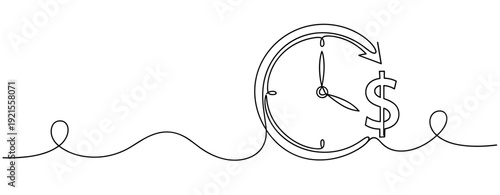 Continuous line drawing of clock and dollar symbol illustrating time is money concept. No editable stroke