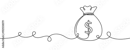 Continuous line drawing of money bag with dollar symbol on white background. No editable stroke