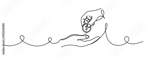 Continuous line art of hands exchanging coins symbolizing financial transaction. No editable stroke