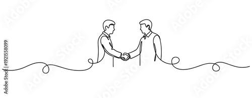 Continuous line drawing of two young caucasian male adults shaking hands. No editable stroke
