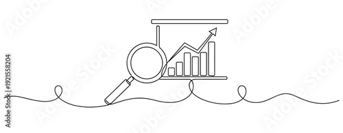 Analysis growth graph with magnifying glass and rising arrow. No editable stroke