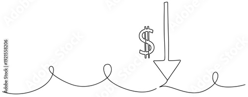 Line drawing of financial decline symbol with downward arrow and dollar sign. No editable stroke