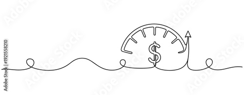 Minimalist line drawing of economic growth with speedometer and dollar symbol. No editable stroke