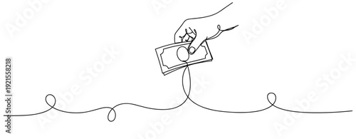Continuous line drawing of hand holding dollar bill. No editable stroke
