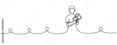 Minimalist art: person holding money amid continuous line waves. No editable stroke