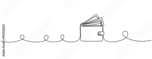 Continuous line drawing of wallet with money and decorative swirls. No editable stroke