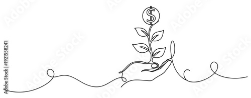 Continuous line drawing of hand holding a growing plant with dollar sign. No editable stroke