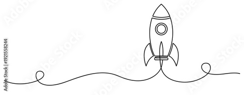 Minimalist line art of rocket launching with trail on white background. No editable stroke