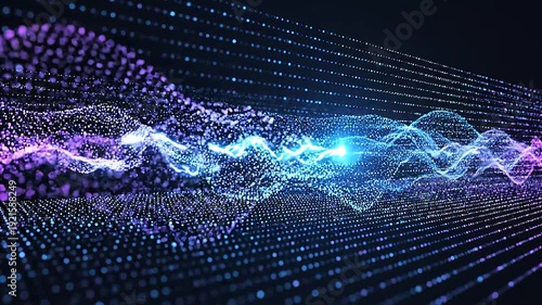 Dynamic digital particle background with glowing dots forming waves 