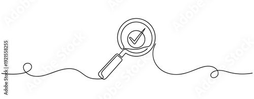 Continuous line art of magnifying glass with check mark symbolizing success and approval. No editable stroke