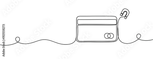 Continuous line drawing of credit card and magnet illustrating data security concerns. No editable stroke