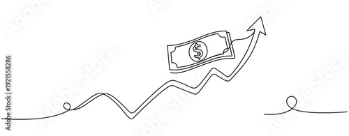 Line art graph with dollar bill on upward trend arrow. No editable stroke