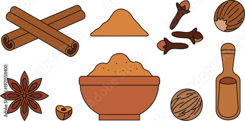 Aromatic spices and baking ingredients set, flat vector illustrations with cinnamon sticks, star anise, cloves, nutmeg and brown spice powder in a bowl isolated on white background.