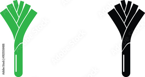 Leek vegetable icons in green and black colors on white background