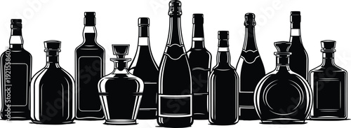 Black liquor bottle silhouette collection vector illustration featuring wine, whiskey, vodka containers, vintage glass shapes, flat design, isolated alcohol icons