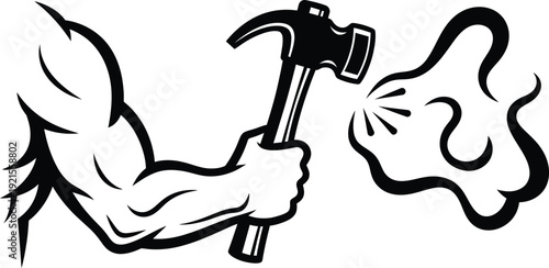Strong arm holding hammer striking with force and power. Vector illustration