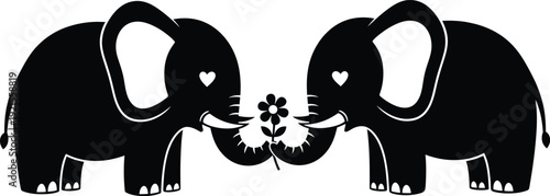Cute elephants with hearts holding a flower together. Vector illustration