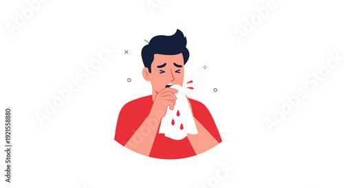 Sick Man Sneezing into Tissue Flat Style Illustration