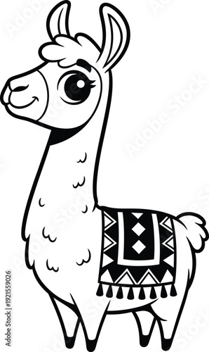 Cute cartoon llama with decorative blanket standing illustration. Vector illustration