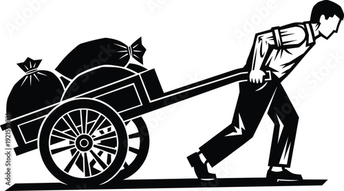 Man pushing loaded handcart with sacks, illustrating strenuous labor and effort. Vector illustration