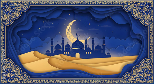 Wallpaper Mural Ramadan desert night illustration with mosque silhouette and crescent moon. Torontodigital.ca