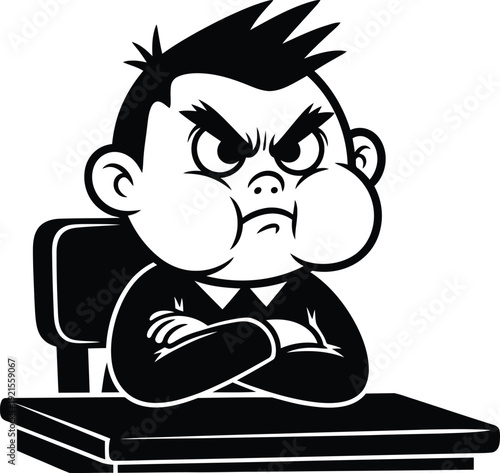 Angry cartoon boy with puffed cheeks and crossed arms sitting at desk. Vector illustration