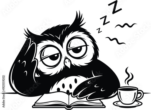 Sleepy cartoon owl with coffee and book feeling tired and exhausted. Vector illustration