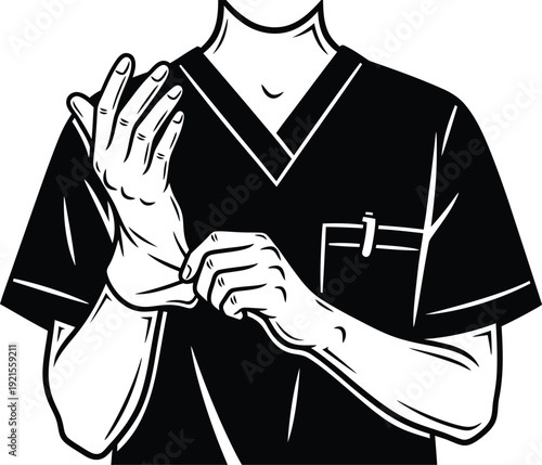 Medical professional putting on surgical glove for hygiene and safety. Vector illustration