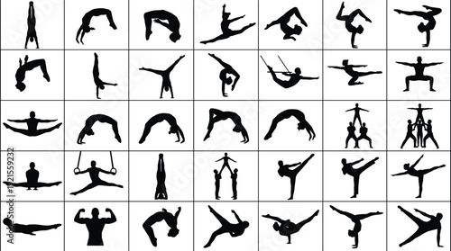 Gymnastics and acrobat silhouettes collection isolated on white background, athletes performing flips, handstands, splits, balance poses and strength training illustration set.
