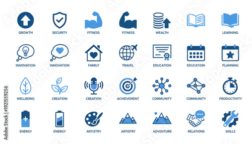 Collection of Blue Icons Representing Growth, Security, Fitness, Wealth, and Education