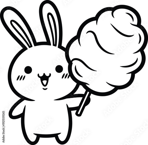 Cute happy bunny character holding sweet fluffy cotton candy dessert. Vector illustration
