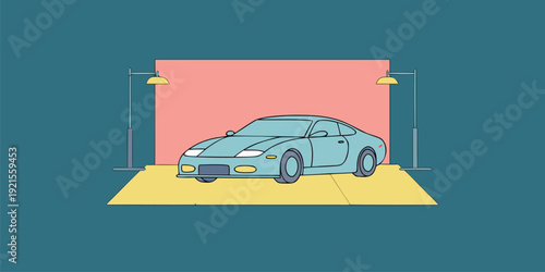 Minimalist flat design illustration of a light blue sports car on a yellow display platform