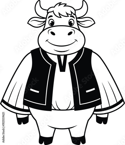 Smiling cartoon bull character wearing traditional vest mascot design. Vector illustration