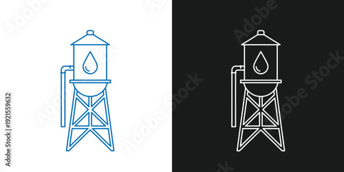 A water tower stands tall on a platform with pipes and supports, depicted in blue outline on white and white outline on black.