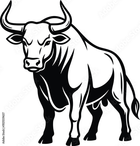 Strong bull mascot standing with powerful horns ready to charge. Vector illustration