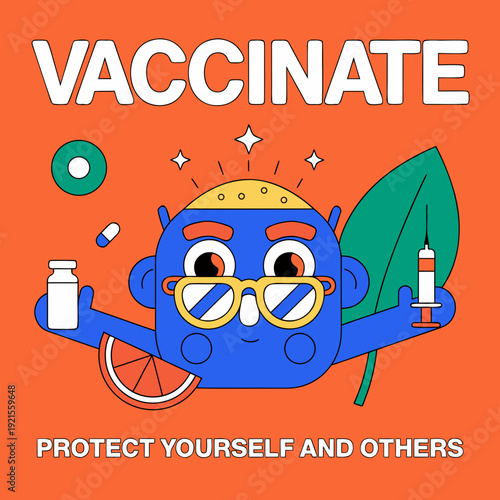 A blue cartoon character promoting vaccination and health