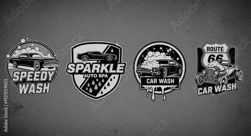Collection of vintage car wash emblems and logos.