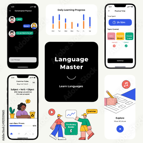 Language learning app features and statistics