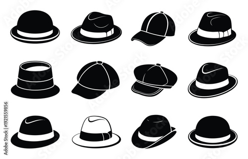 Collection of Black and White Silhouettes of Various Hats