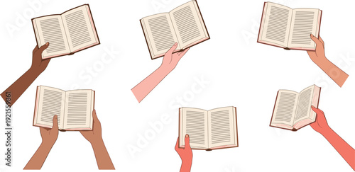 Hands Holding Open Book Vector Set in Different Positions, Reading Gesture Collection for Education, Literature and Learning Design